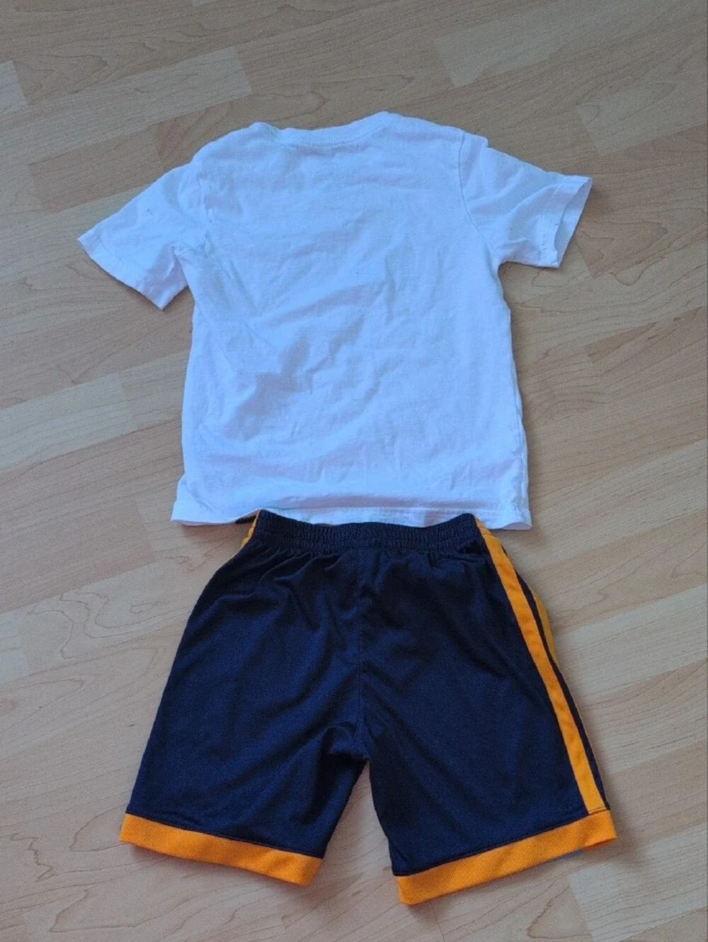 adidas White Tee with Orange & Aqua Logo and Navy Athletic Shorts